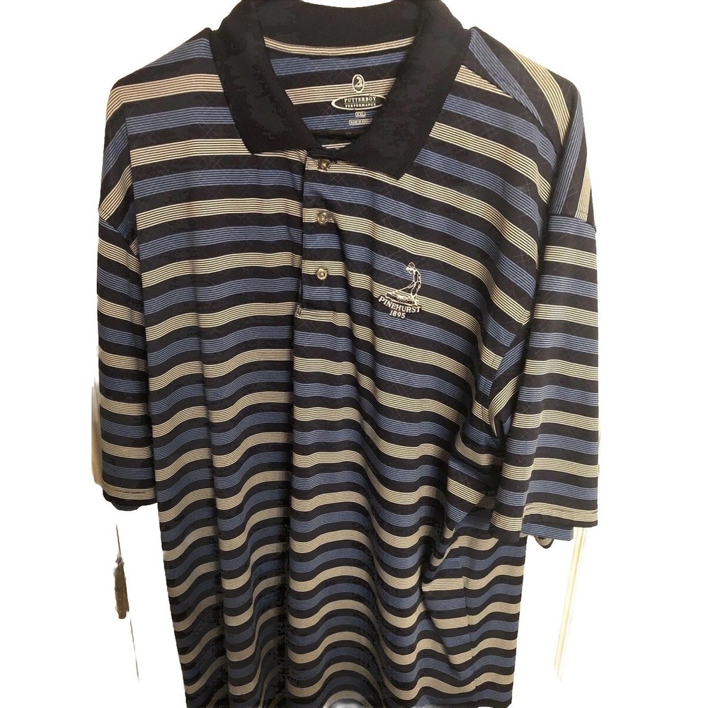 Putterboy Performance 1895 Striped Polo Pinehurst Logo Mens 2 XL Blue/White